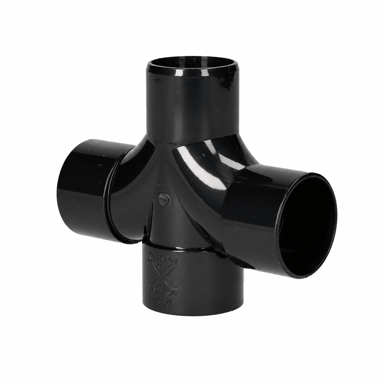 Black Kockney Koi crossed tee with four solvent-weld connections