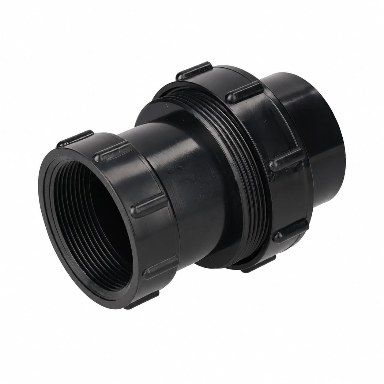 Black Kockney Koi Variflow coupling with female thread, removable union and solvent-weld outlet