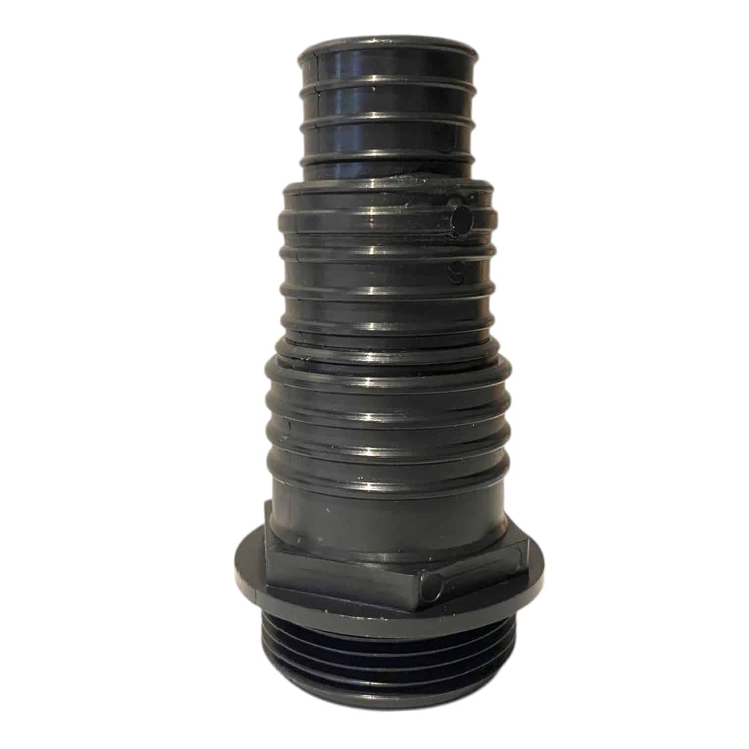 Black 1¼ inch male BSP pond hosetail with three stepped hose connections