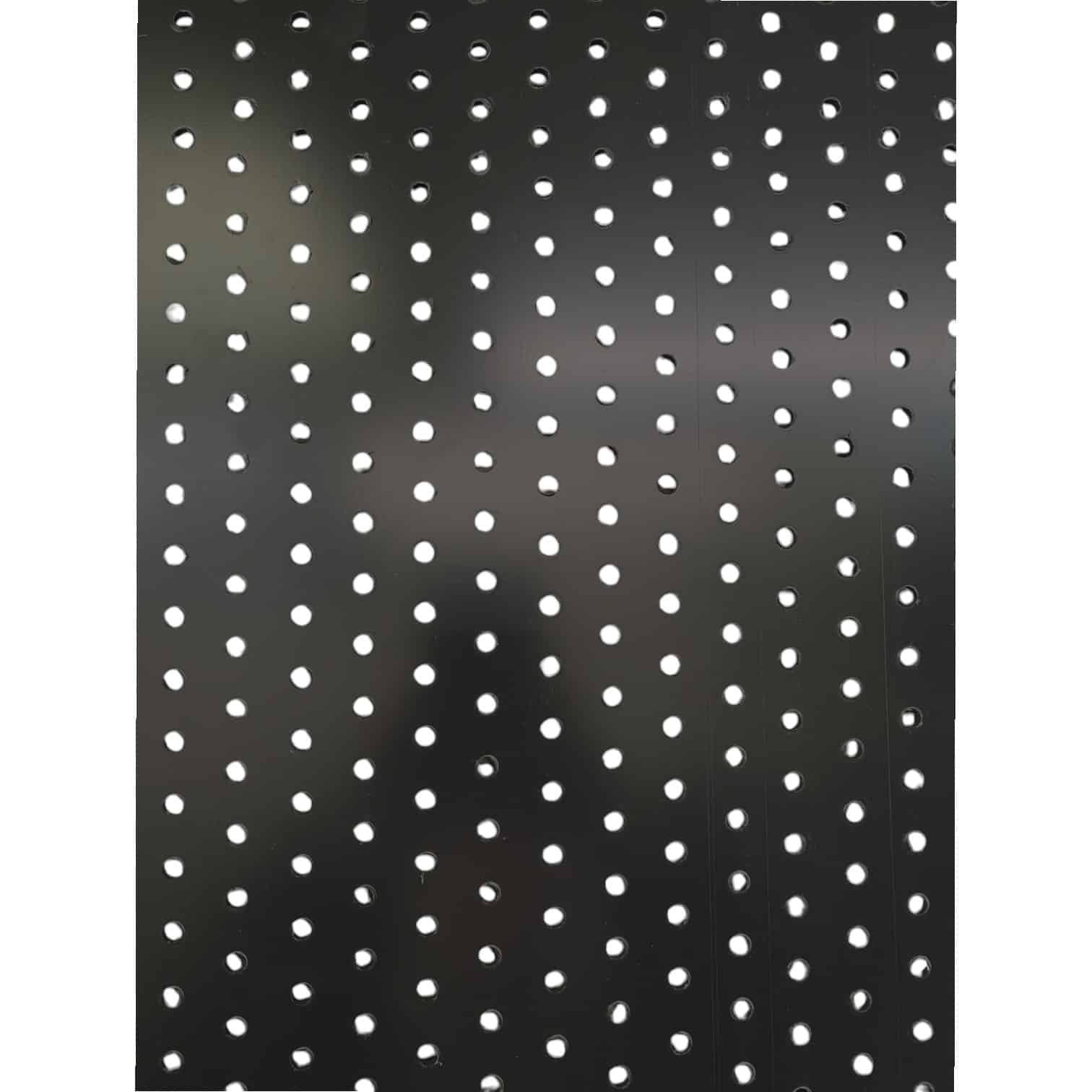 Close-up of black perforated pond filter sheet with 3mm drainage holes