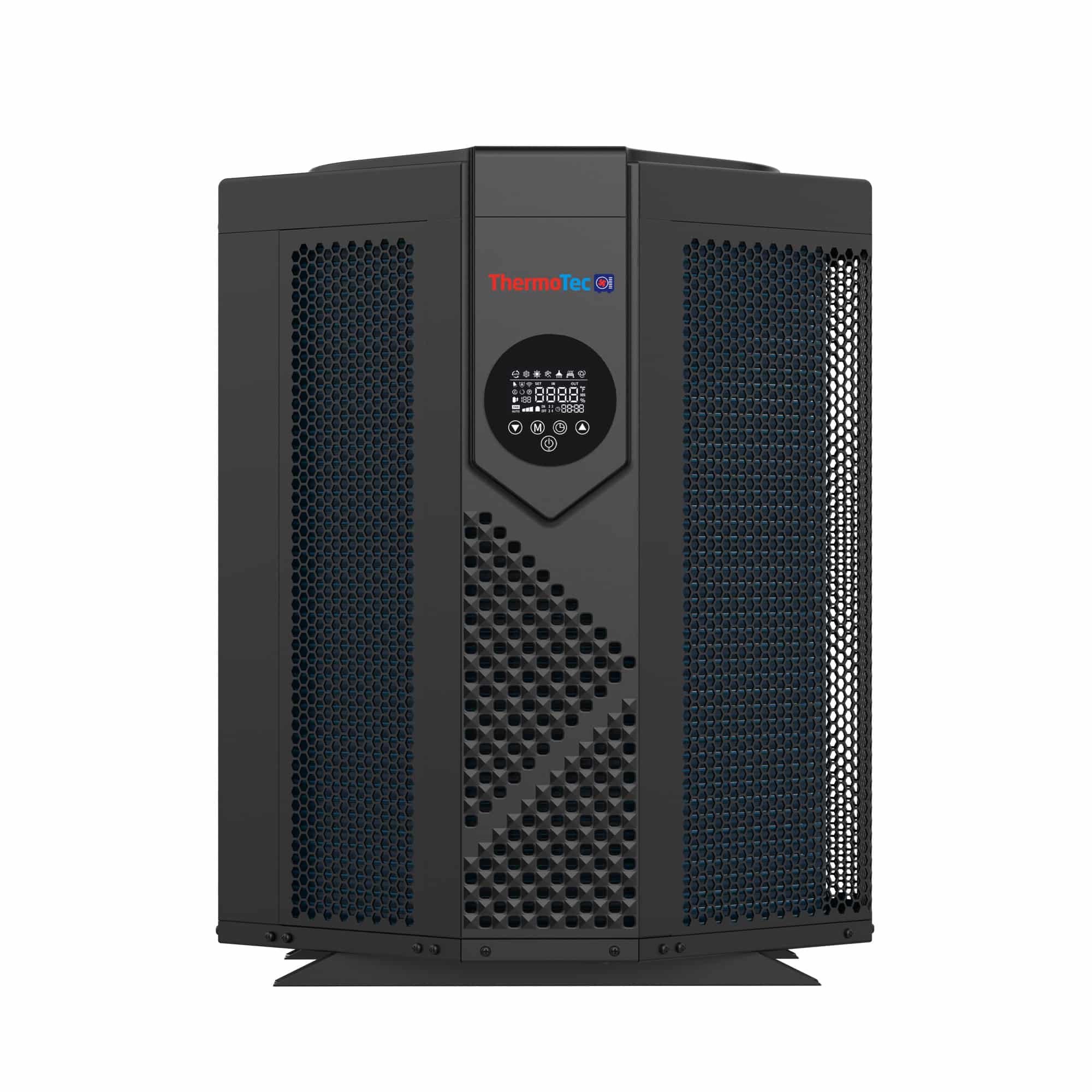 Thermotec Apex air source heat pump, front view showing the controller and protective grille