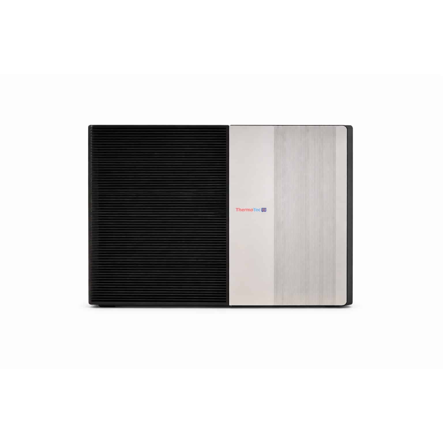 Thermotec Edge air source heat pump, front view showing the two tone horizontal cabinet