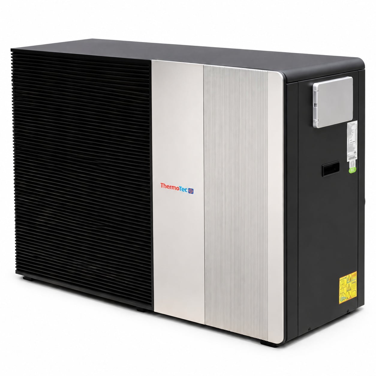 Thermotec Edge air source heat pump showing its front fan grille and side panel