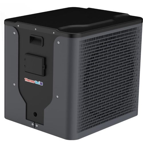 Thermotec Mini pool heat pump showing the controller and ventilation grille