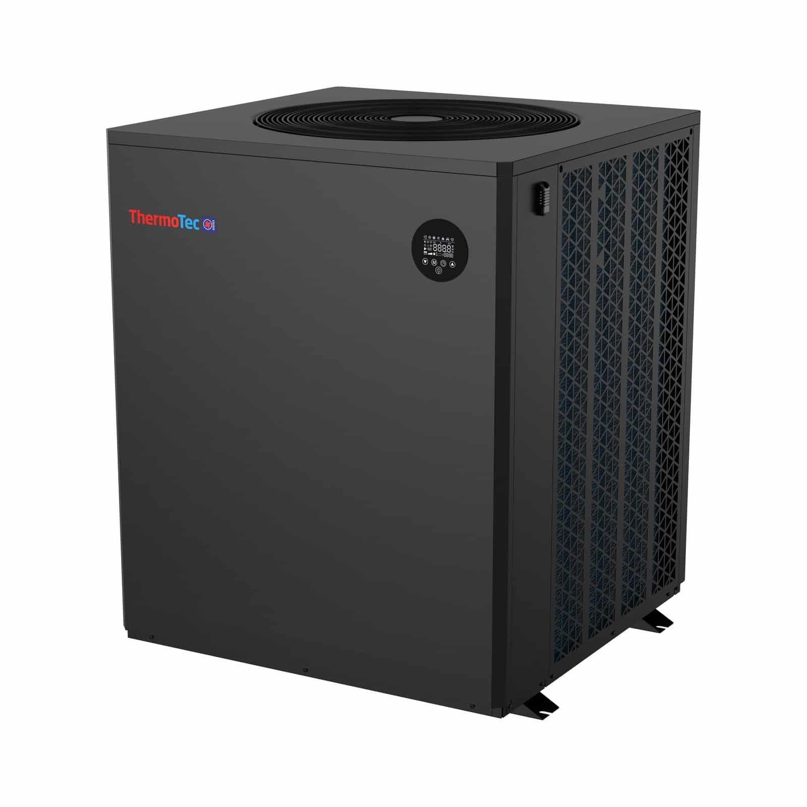 Thermotec Nova air source heat pump, angled view showing the top fan and side grilles